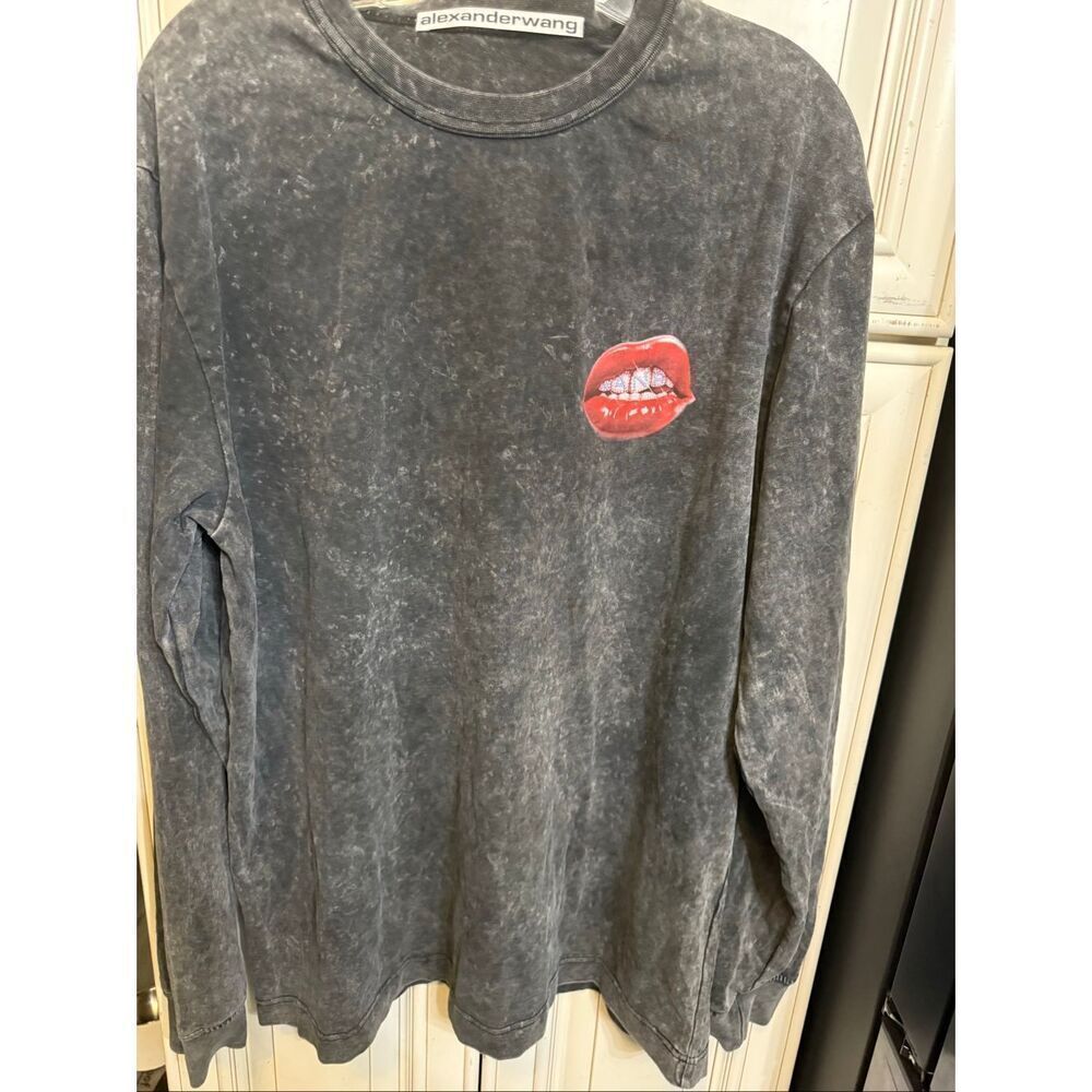 Alexander Wang Womens Grill and Hotfix Logo Long Sleeve T-Shirt Acid Black Large
